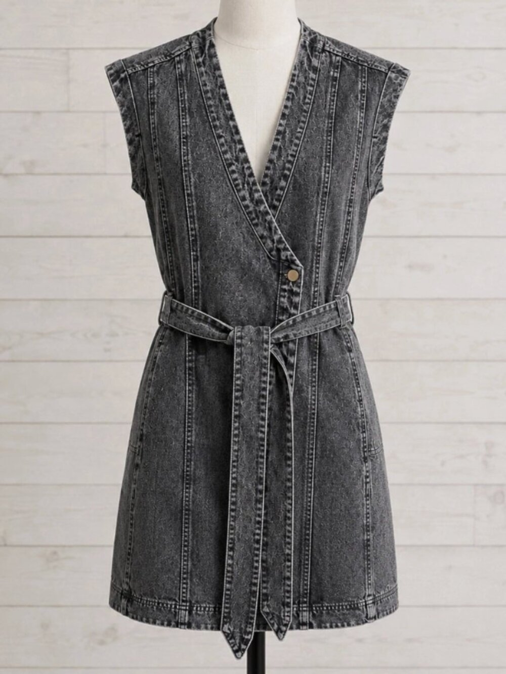 Sleeveless Black Wash Denim Mini Belted Wrap Dress Size Medium by Sewn + Seen